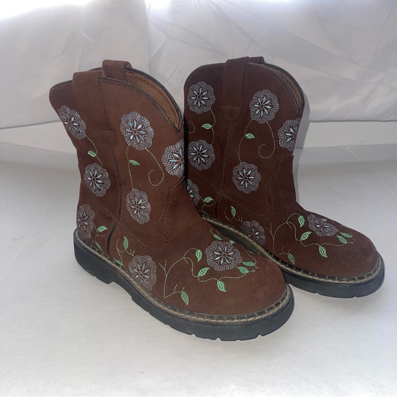 Roper Shoes - Roper Women's 7 Brown Suede Chunk Floral Embroidered Cowboy Western Boots
